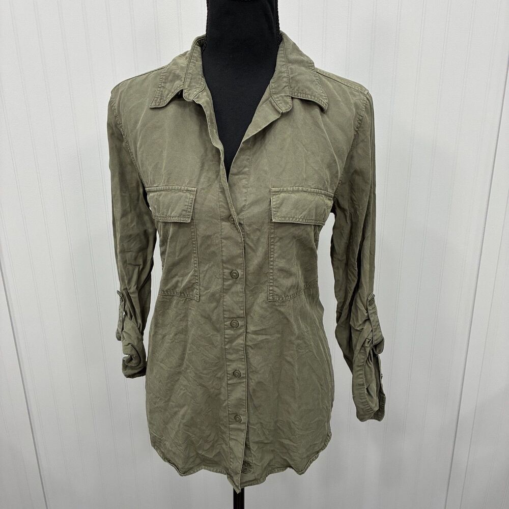 Babaton Aritzia Women's Small Army Green Utility Pocket Roll-Tab Button-Up Shirt